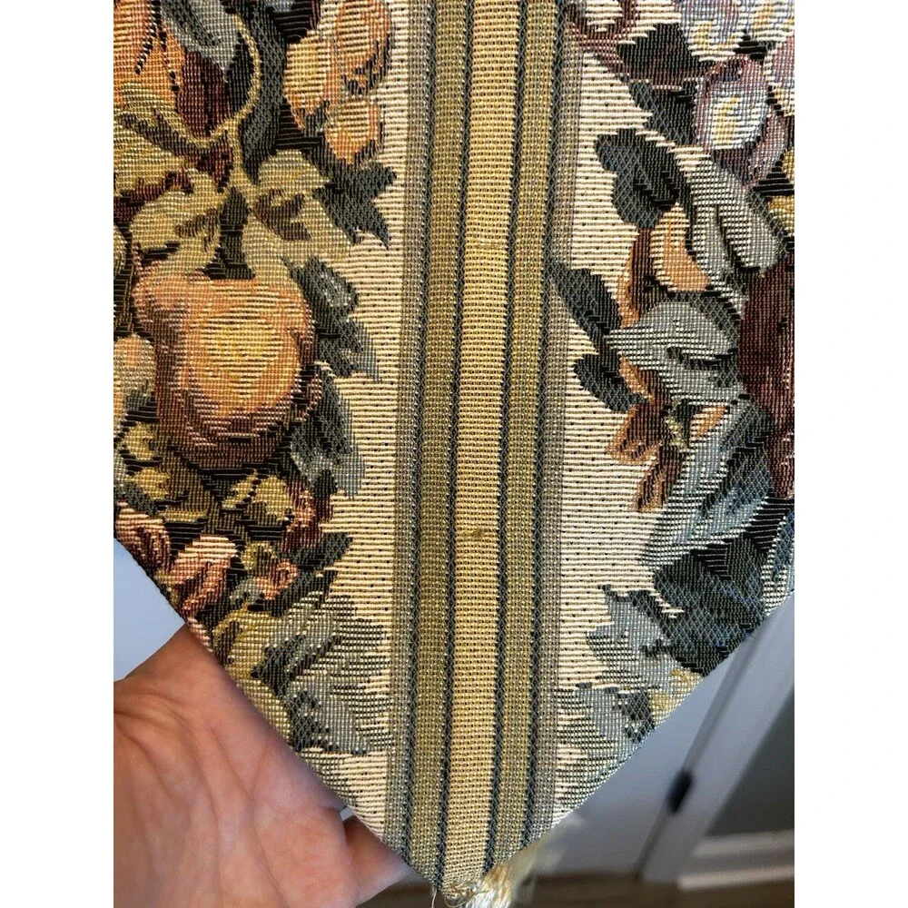 Vintage Woven Fruit Tapestry Table Runner Tassels Farmhouse Cottagecore Style